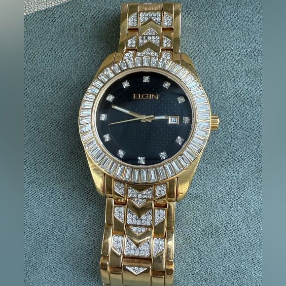 Elgin Gold Tone Watch with Crystal Accents & Black Dial – Needs Battery - Picture 13 of 17